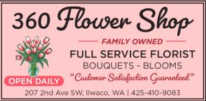 A light peach-pink sign for "360 Flower Shop" featuring black cursive text and a graphic of pink and white tulips in a glass vase. The sign also notes it's a "FAMILY OWNED FULL SERVICE FLORIST," "OPEN DAILY," and includes contact information.