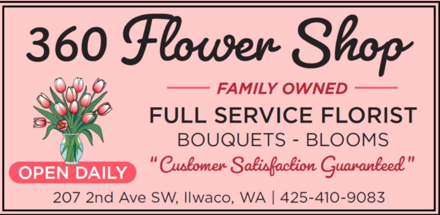 A light peach-pink sign for "360 Flower Shop" featuring black cursive text and a graphic of pink and white tulips in a glass vase. The sign also notes it's a "FAMILY OWNED FULL SERVICE FLORIST," "OPEN DAILY," and includes contact information.