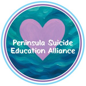 A purple heart surrounded by a light blue and green circle of waves in a logo form for Peninsula Suicide Education Alliance